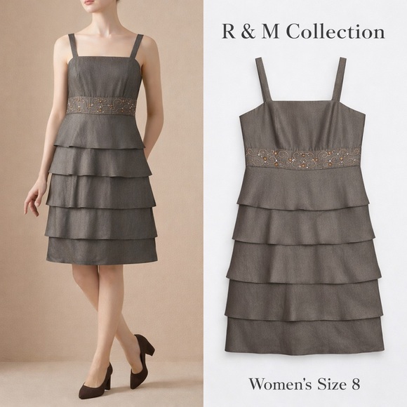 R & M Collection Dresses & Skirts - R & M Collection Tiered Rhinestone Waist Dress Size 8 Gold Cocktail Sleeveless